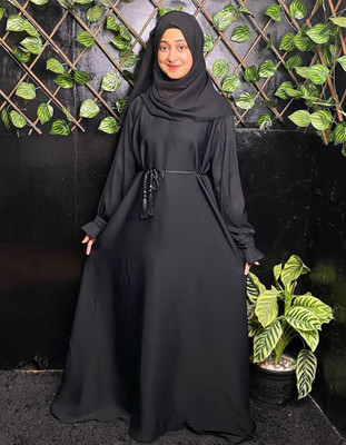 arabiandesigner Cotton Blend Self Design, Solid Abaya With Hijab(Black)