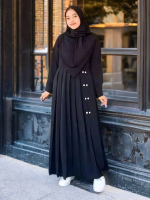 Ahil Dresses Cotton Silk Solid Abaya With Hijab(Black)