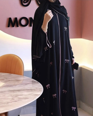 MUSHFAABAYA Polyester Self Design Abaya With Hijab(Black)