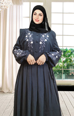 Buraque Designer Polyester Solid, Floral Print Abaya With Hijab(Grey)