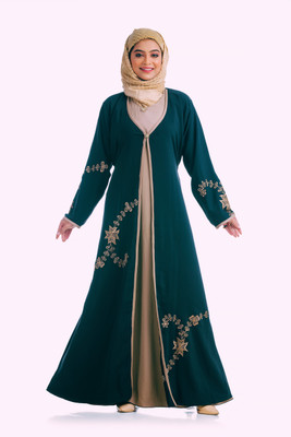 The Ocean Export Cotton Blend Self Design Abaya With Hijab(Green)