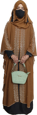 Buraque Designer Nida Matte Solid Abaya With Hijab(Brown)