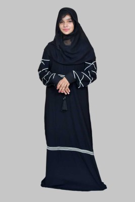 FIRDOSH Cotton Blend Solid, Self Design Abaya With Hijab(Black)