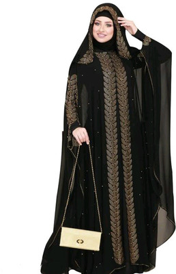 Buraque Designer Polyester Solid Abaya With Hijab(Black)