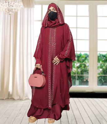 Buraque Designer Nida Matte Self Design Abaya With Hijab(Maroon)