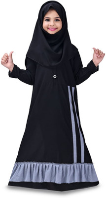 Jorifashion Cotton Blend Solid Abaya With Hijab(Black)