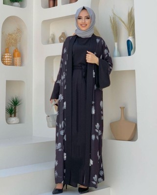 ovais abaya collection Georgette Solid Abaya With Hijab(Black)