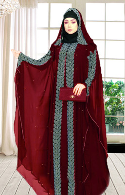 Buraque Designer Polyester Solid Abaya With Hijab(Maroon)