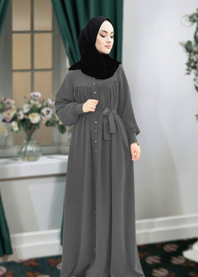 Buraque Designer Polyester Solid Abaya With Hijab(Grey)