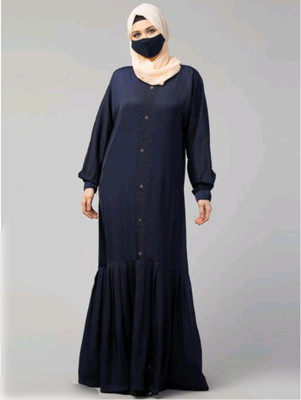 NABIA Silk Blend Solid Abaya With Hijab(Blue)