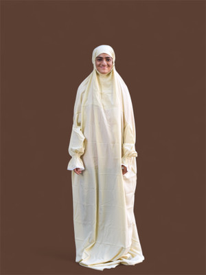 WUZOO Crepe Solid Abaya With Hijab(Beige)