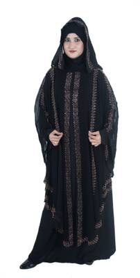 ZOHAN ENTERPRISES Women's Stylish Soft Nida STone Double Layer Butterfly Stylish Farasha Polyester Self Design Abaya With Hijab