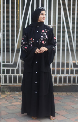 Buraque Designer Polyester Solid Abaya With Hijab(Black)