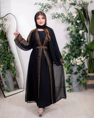 maabaya Georgette Self Design Burqa With Hijab(Black)