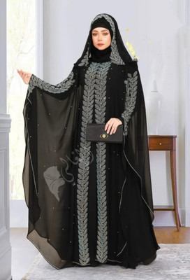 Emaan Outfit Nida Matte Self Design, Solid, Houndstooth Abaya With Hijab(Black)