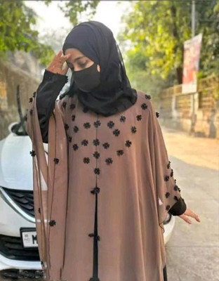 Buraque Designer Polyester Self Design Abaya With Hijab(Brown)