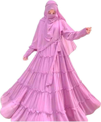Paradise Cotton Blend Solid Abaya With Hijab(Pink)