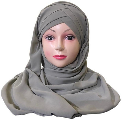 SHRA Georgette Solid Abaya With Hijab(Grey)