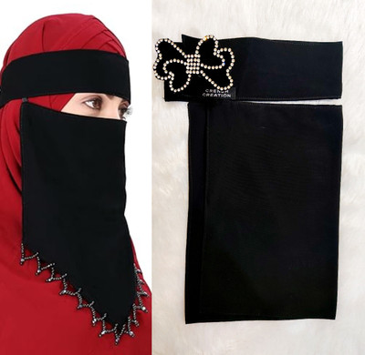 CRENCH CREATION Chiffon Self Design Naqab(Black, Black)