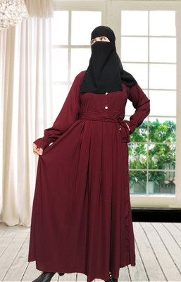 Buraque Designer Nida Matte Self Design Abaya With Hijab(Maroon)