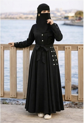 MIRDRESSES Cotton Blend Solid Abaya With Hijab(Black)