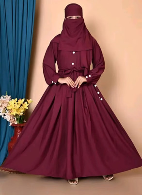 HrCollection Cotton Silk Solid Abaya With Hijab(Red)