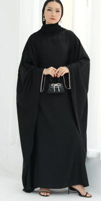DCSTORE1 Polyester Solid, Self Design Abaya With Hijab(Black)