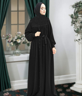 Buraque Designer Polyester Solid Abaya With Hijab(Black)