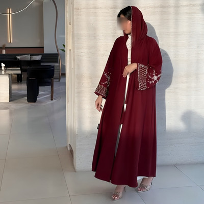 Veilara Cotton Blend Self Design Abaya With Hijab(Maroon)
