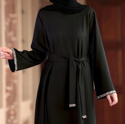 Har Women Clothing Cotton Silk Solid Abaya With Hijab(Black)