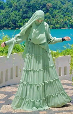 Buraque Designer Polyester Solid Abaya With Hijab(Green)