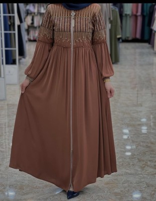 Buraque Designer Nida Matte Solid Abaya With Hijab(Brown)