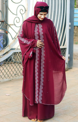 Buraque Designer Nida Matte Self Design Abaya With Hijab(Maroon)