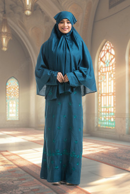 The Ocean Export and Import Cotton Blend Self Design Burqa With Hijab(Blue)