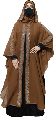 Buraque Designer Nida Matte Solid Abaya With Hijab(Brown)