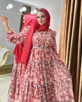 SARINKU Georgette Self Design Abaya(Pink)