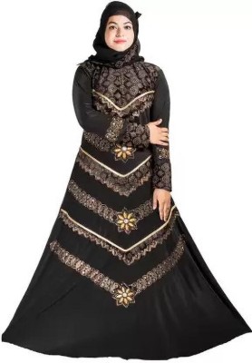 DESIGNER ABAYASANDBURQAS Polyester Abaya With Hijab(Gold, Black)