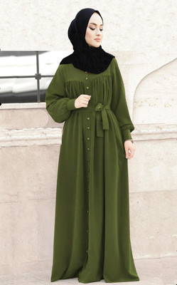 Buraque Designer Polyester Solid Abaya With Hijab(Green)