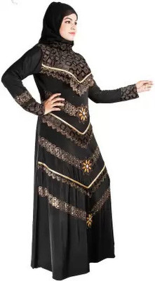 DESIGNER ABAYASANDBURQAS Polyester Self Design Abaya With Hijab(Gold, Black)