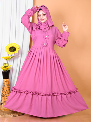 Alfiya Cotton Blend Self Design Abaya With Hijab(Pink)