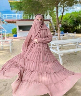 MM COLLECTION Polyester Solid Abaya With Hijab(Pink)