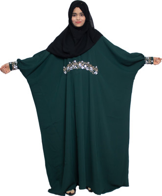 MODEST CITY Crepe Self Design Abaya With Hijab(Green)
