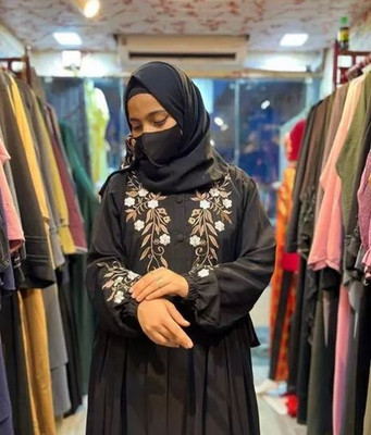 fmfashionhouse Polyester Self Design Abaya With Hijab(Black)