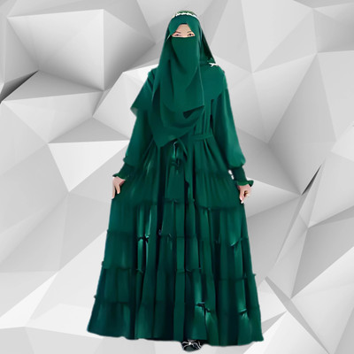 AHFSTAR Georgette Self Design Abaya With Hijab(Green)