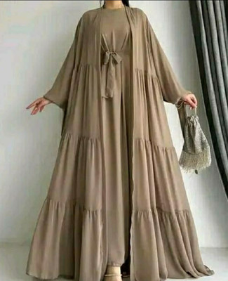 Alhamd Polycotton Self Design Abaya With Hijab(Brown)