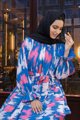SARINKU Georgette Printed Abaya(Blue, White)