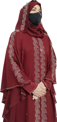 Buraque Designer Nida Matte Solid Abaya With Hijab(Maroon)