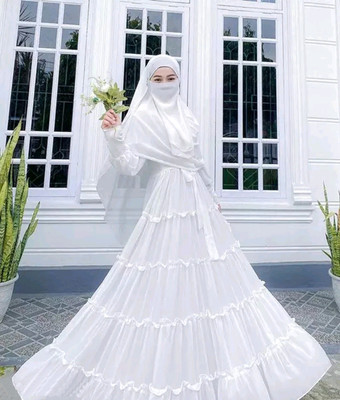 Buraque Designer Polyester Solid Abaya With Hijab(White)