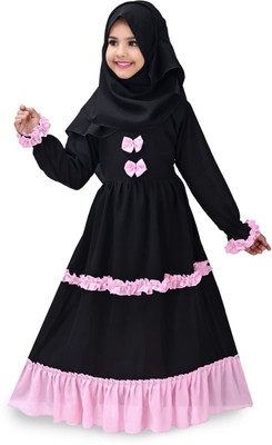 Jorifashion Silk Blend Self Design Abaya With Hijab(Black)