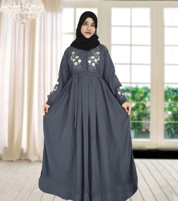 Buraque Designer Polyester Solid Abaya With Hijab(Grey)